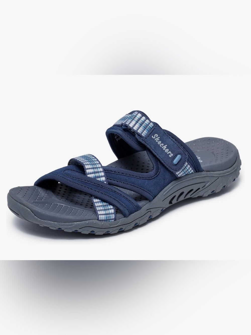 Skechers Reggae Navy multi and Light Blue Dual-Strap Comfort Slide women’s 7